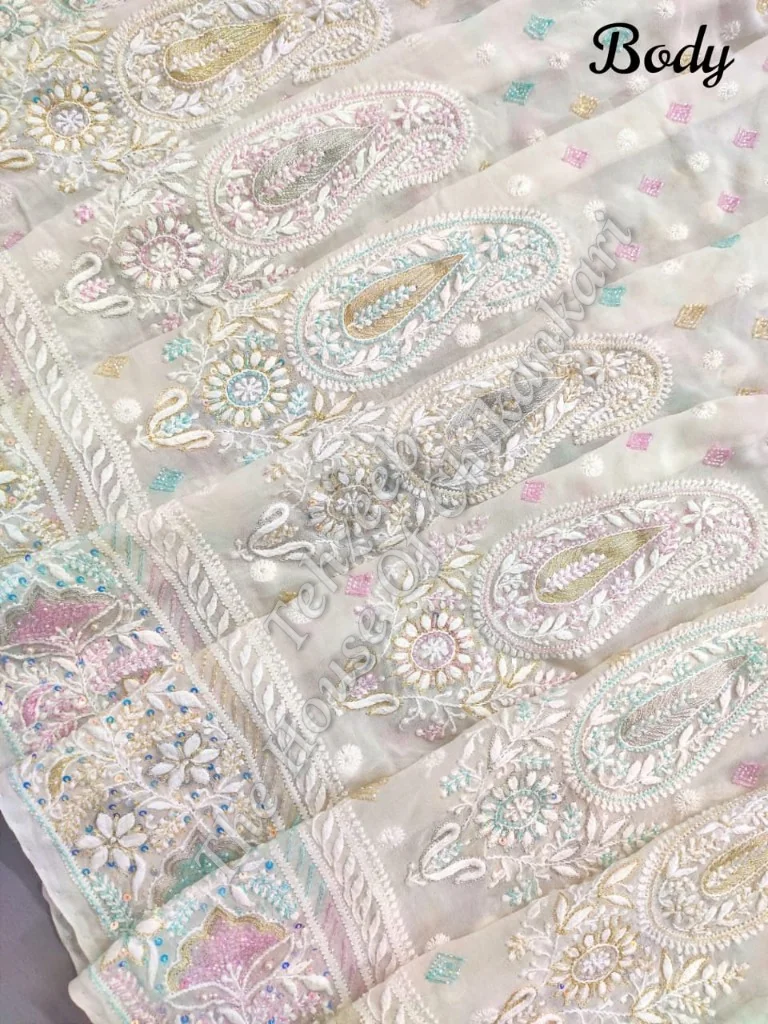 MAHARANI - Designer Ek Taar Chikankari Saree, Gold Tissue with Pink Florals, detail 4