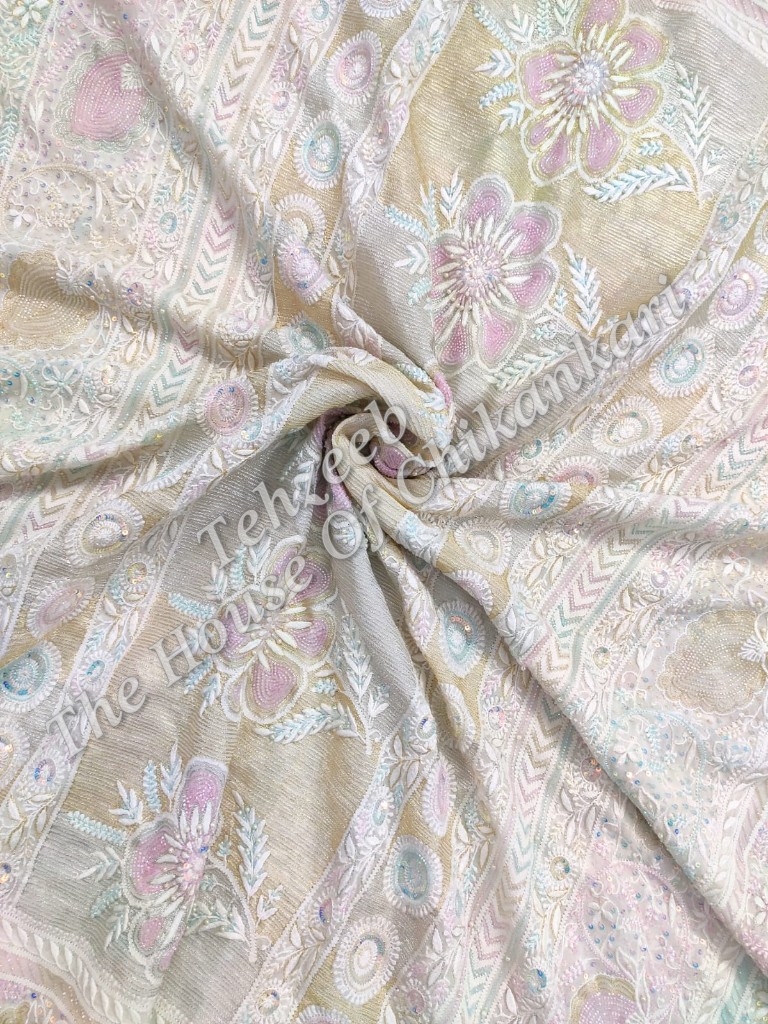 MAHARANI - Designer Ek Taar Chikankari Saree, Gold Tissue with Pink Florals, detail 6