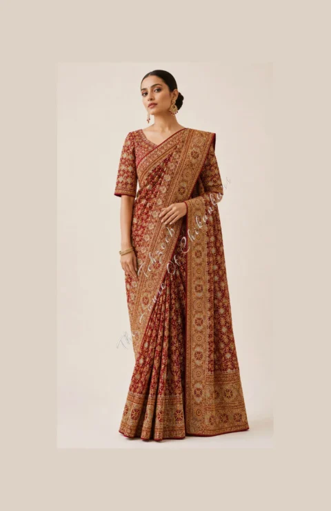 Maroon Georgette Chikankari Bridal Saree - Dual-Tone Hand Embroidery
