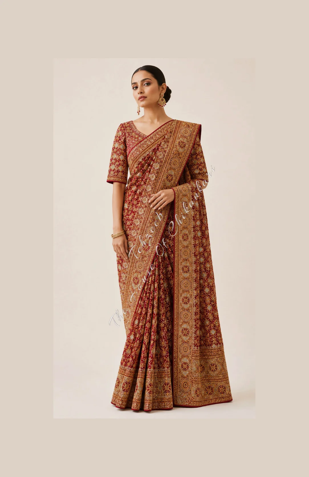 Maroon Georgette Chikankari Bridal Saree - Dual-Tone Hand Embroidery