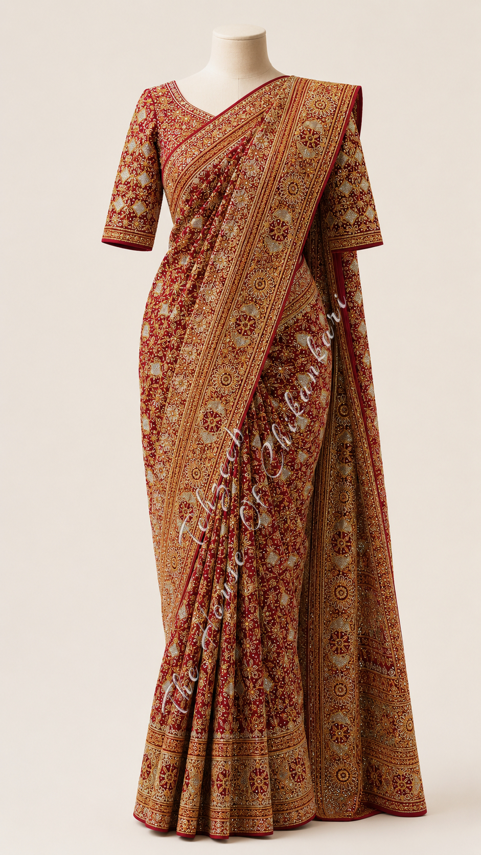 Maroon Georgette Chikankari Bridal Saree - Dual-Tone Hand Embroidery, detail 2