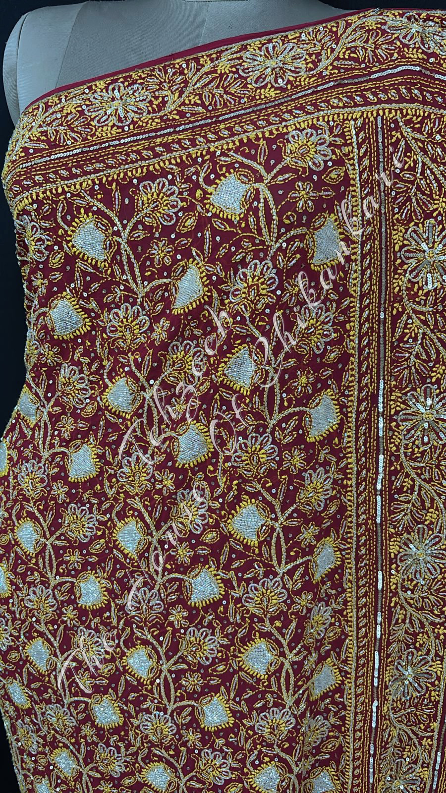 Maroon Georgette Chikankari Bridal Saree - Dual-Tone Hand Embroidery, detail 4