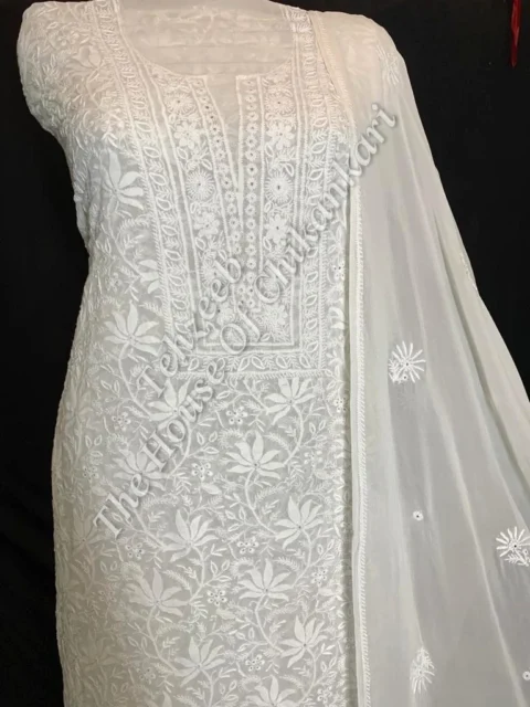 Mughal Nakkashi - Designer Ek Taar Chikankari Suit, Ivory with Embroidered Yoke