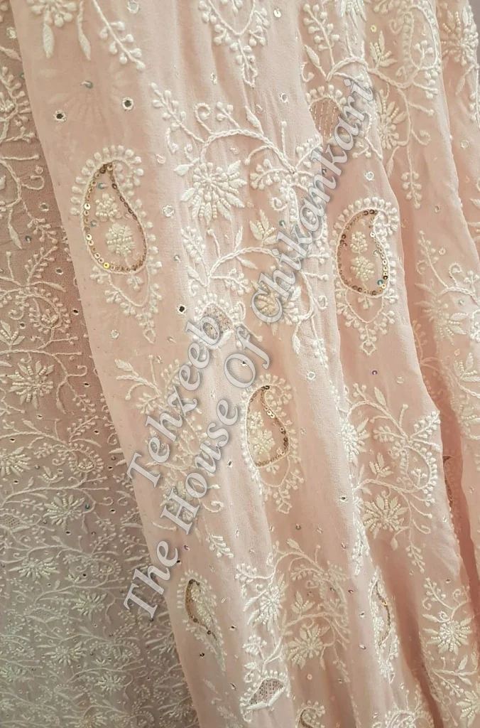 Mughal Nakkashi - Designer Ek Taar Chikankari Suit, Peach with Mukaish Paisleys
