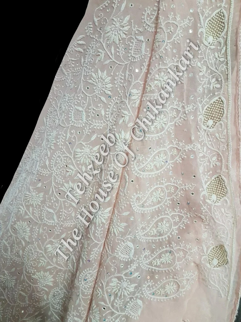 Mughal Nakkashi - Designer Ek Taar Chikankari Suit, Peach with Mukaish Paisleys, detail 2