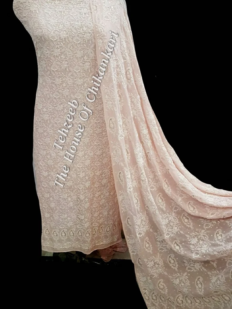 Mughal Nakkashi - Designer Ek Taar Chikankari Suit, Peach with Mukaish Paisleys, detail 3