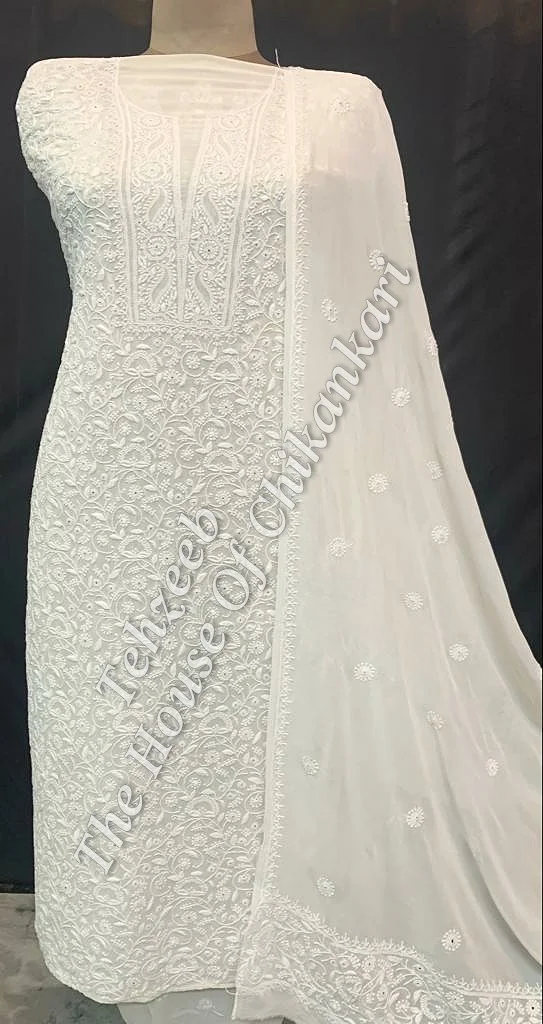 Mughal Nakkashi - Designer Ek Taar Chikankari Suit, Ivory with Booti Dupatta