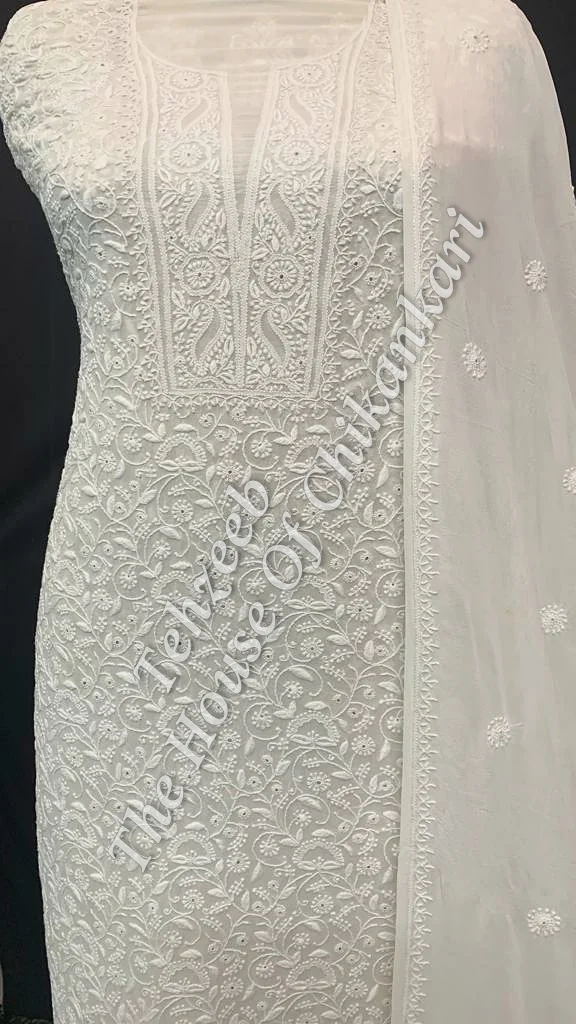 Mughal Nakkashi - Designer Ek Taar Chikankari Suit, Ivory with Booti Dupatta, detail 3