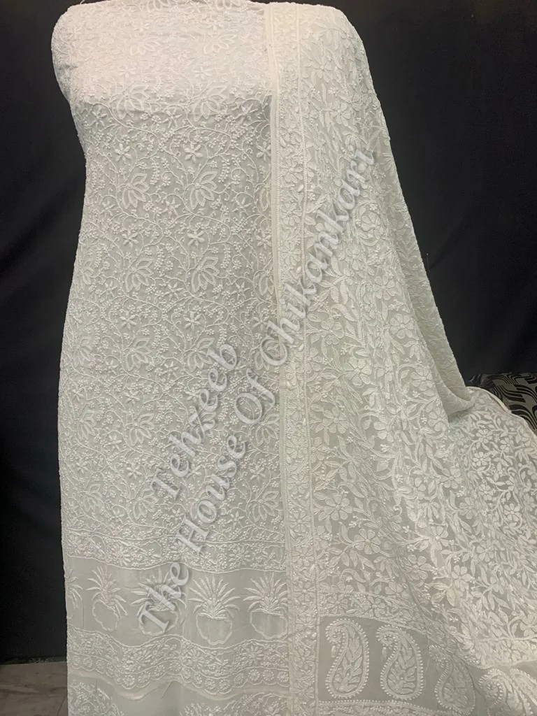 Mughal Nakkashi - Designer Ek Taar Chikankari Suit, Ivory with Paisley Border