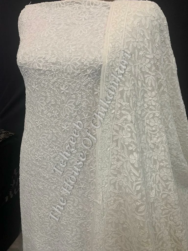 Mughal Nakkashi - Designer Ek Taar Chikankari Suit, Ivory with Paisley Border, detail 2