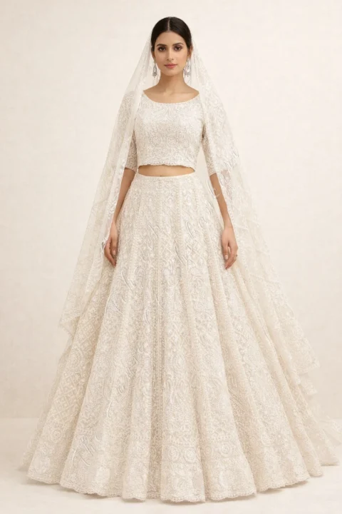 Mughal Nakkashi Ek Taar Haath Jaali Lucknowi Chikankari Lehenga