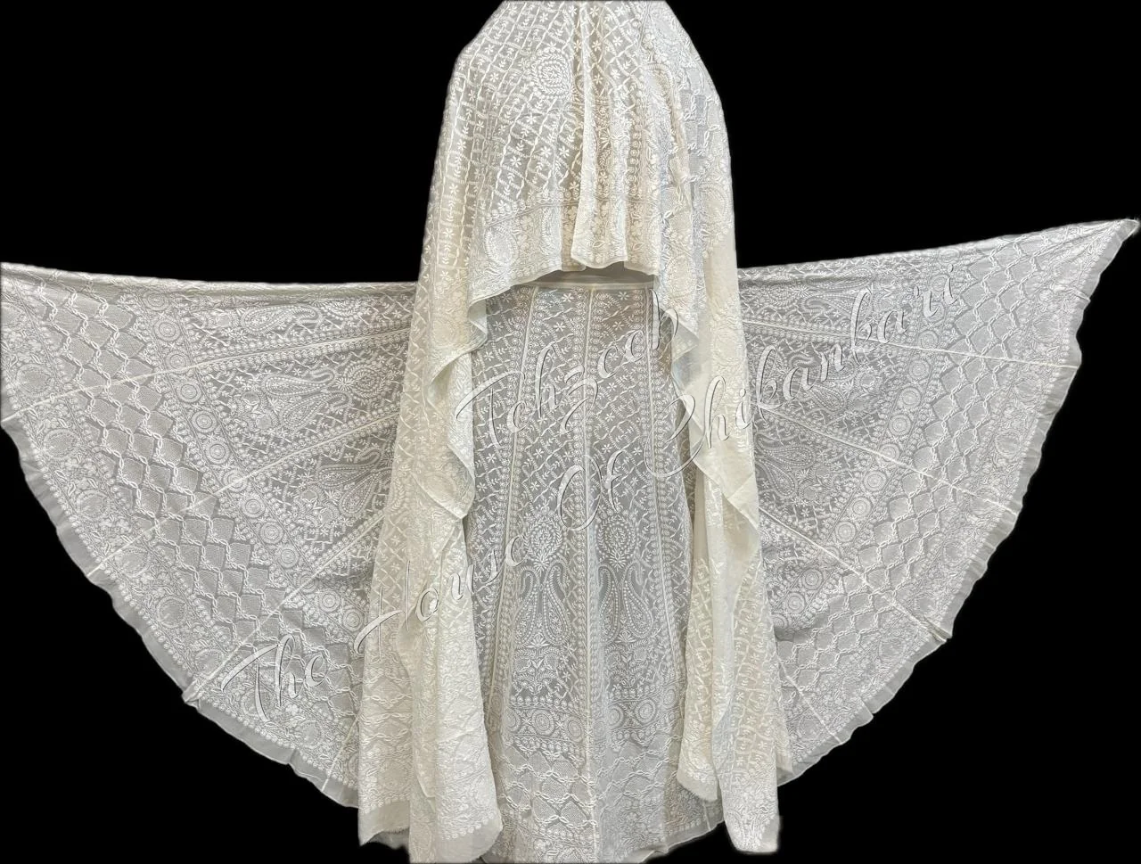 Mughal Nakkashi Ek Taar Haath Jaali Lucknowi Chikankari Lehenga, detail 4