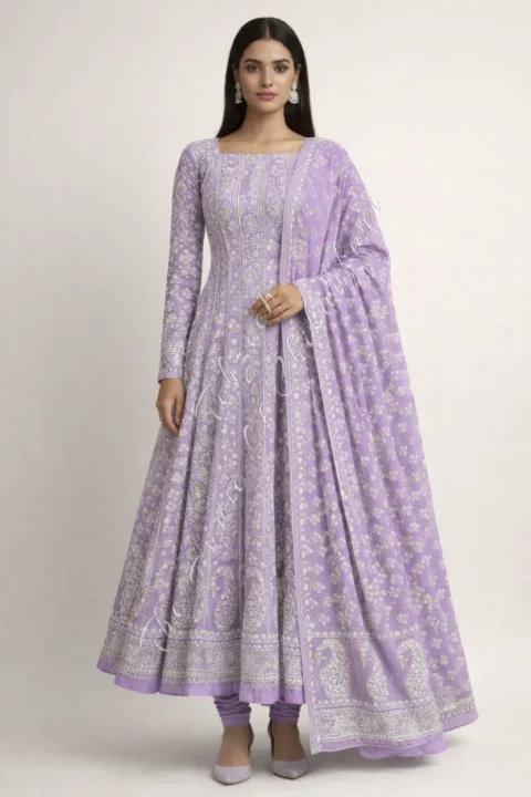 Mughal Nakkashi - Ek Taar Silver Chikankari Anarkali, Lilac