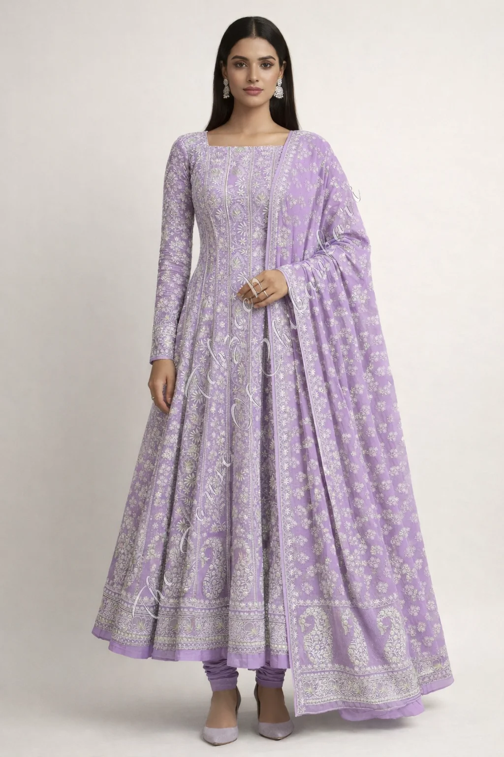 Mughal Nakkashi - Ek Taar Silver Chikankari Anarkali, Lilac