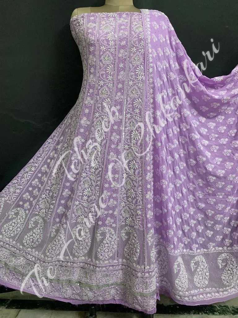 Mughal Nakkashi - Ek Taar Silver Chikankari Anarkali, Lilac, detail 2