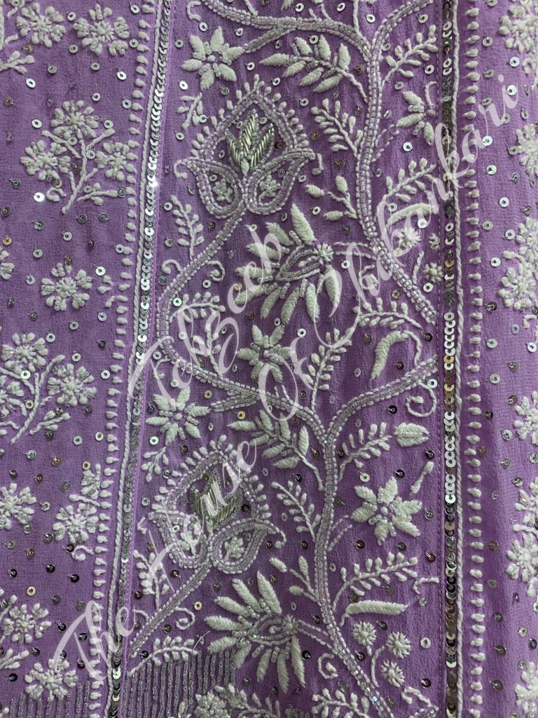 Mughal Nakkashi - Ek Taar Silver Chikankari Anarkali, Lilac, detail 3