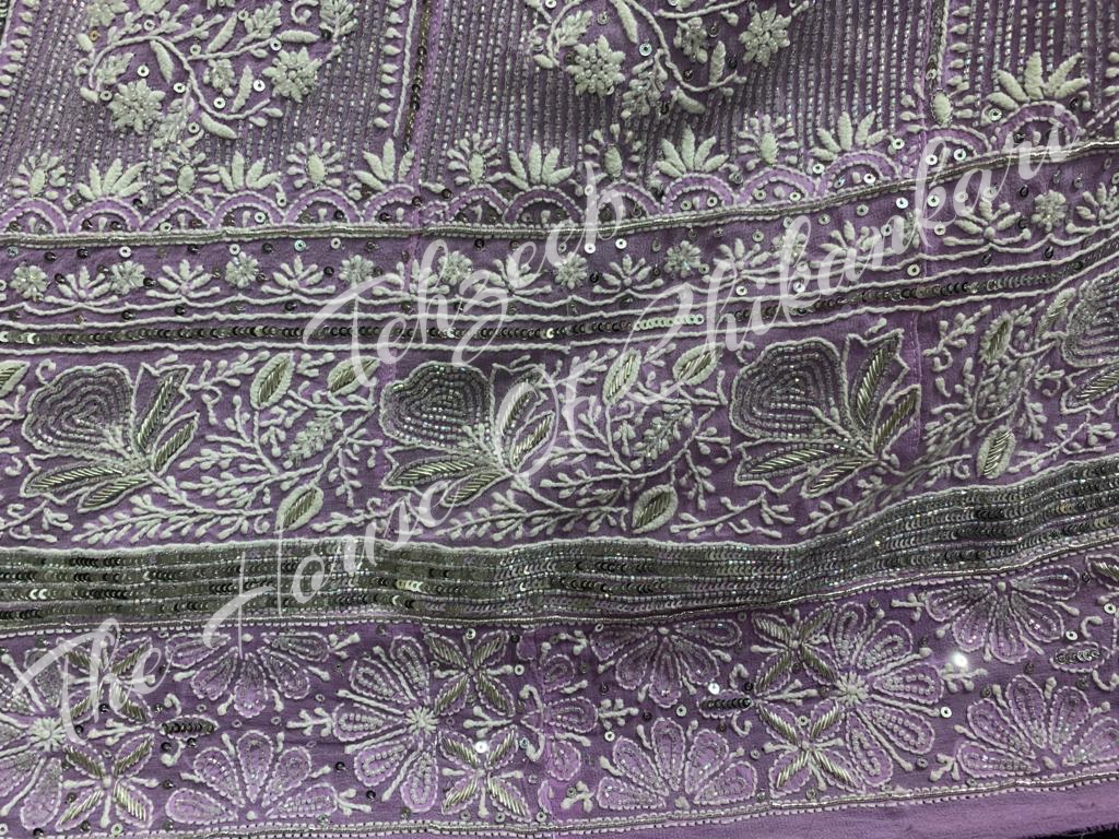 Mughal Nakkashi - Ek Taar Silver Chikankari Anarkali, Lilac, detail 4
