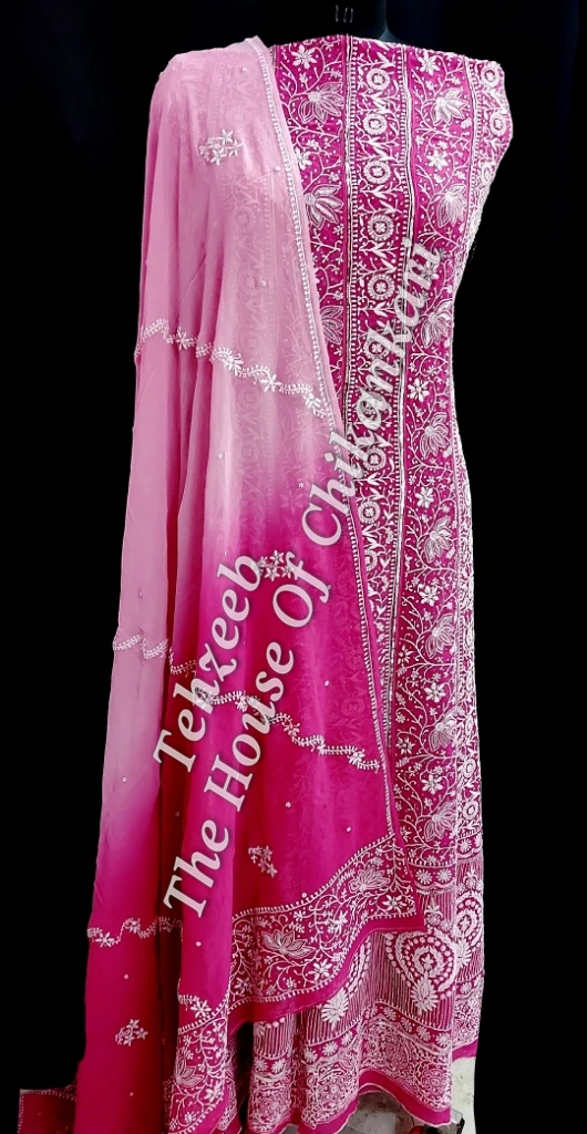 Mughal Nakkashi - Ek Taar Silver Chikankari Anarkali, Magenta, detail 2