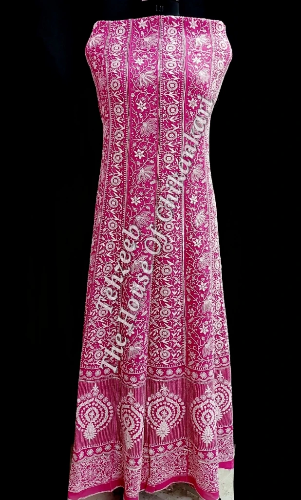 Mughal Nakkashi - Ek Taar Silver Chikankari Anarkali, Magenta, detail 3