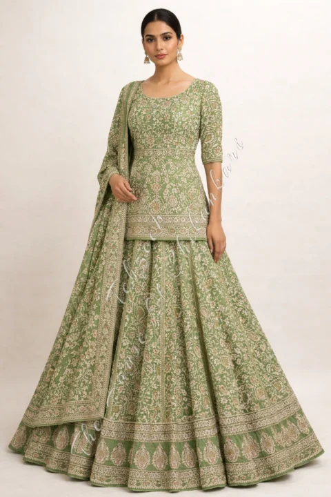Mughal Nakkashi - Gulabkaari Ek Taar Lucknowi Chikankari Lehenga Set