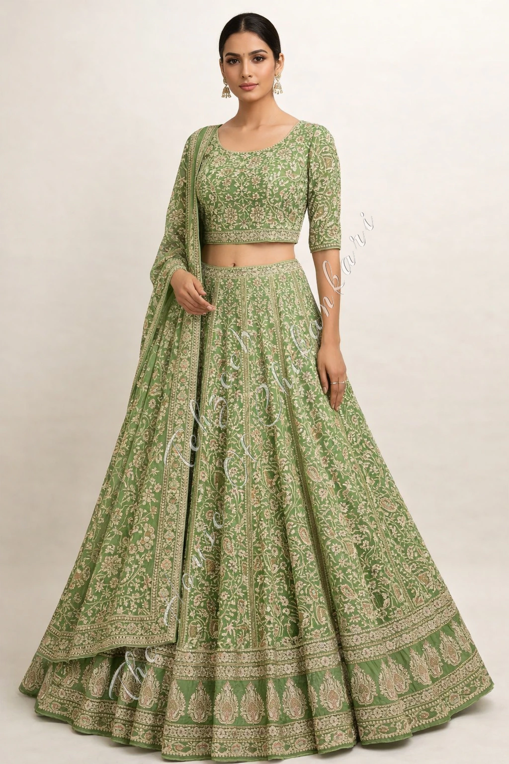 Mughal Nakkashi - Gulabkaari Ek Taar Lucknowi Chikankari Lehenga Set, detail 2