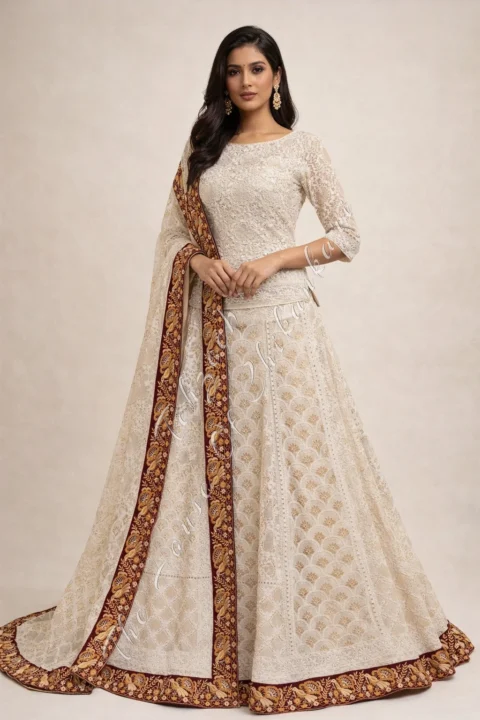 Mughal Nakkashi Tola Mukaish - Ek Taar Lucknowi Chikankari Lehenga Set