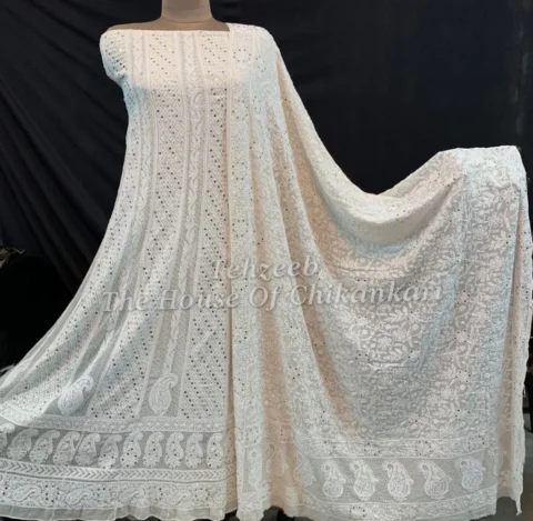 Mukaish - Kamdani Chikankari Anarkali, Ivory with Paisley Hem
