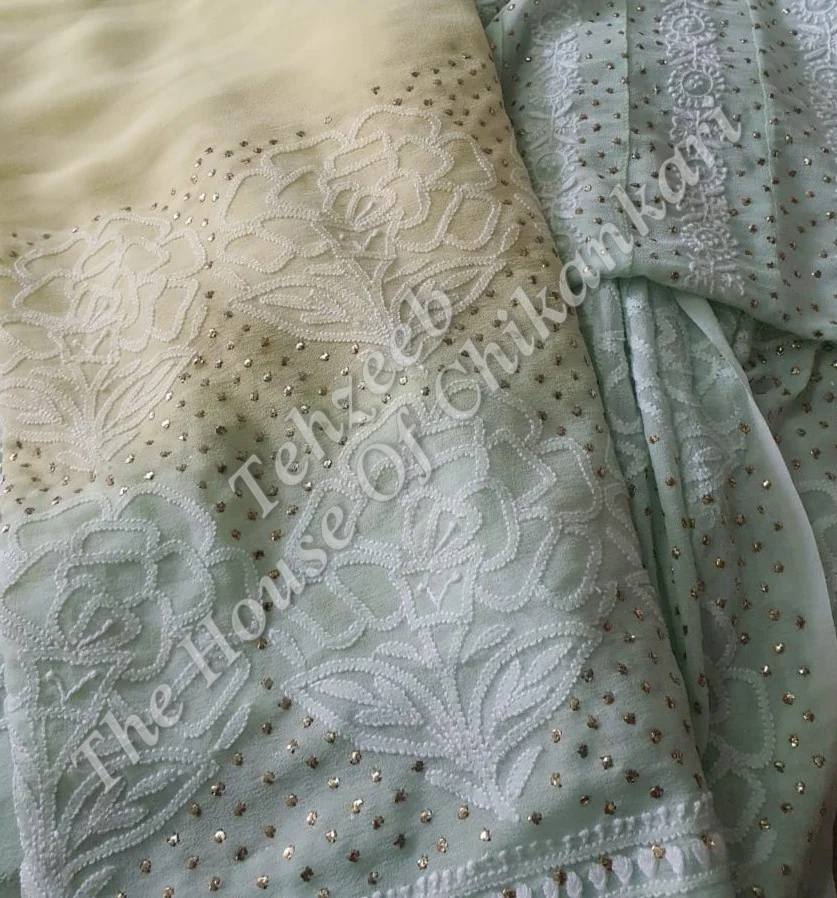 Mukaish - Kamdani Chikankari Anarkali, Sage Green with Mukaish