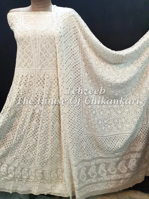 Mukaish - Kamdani Chikankari Anarkali, Cream with Kamdani Dupatta