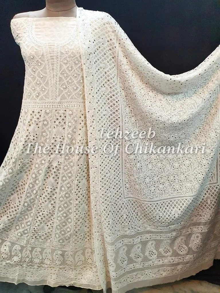 Mukaish - Kamdani Chikankari Anarkali, Cream with Kamdani Dupatta