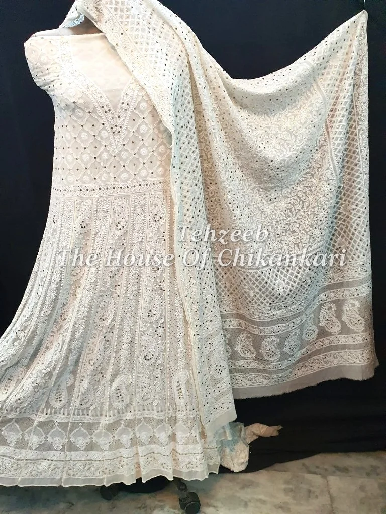 Mukaish - Kamdani Chikankari Anarkali, Cream with Kamdani Dupatta, detail 2