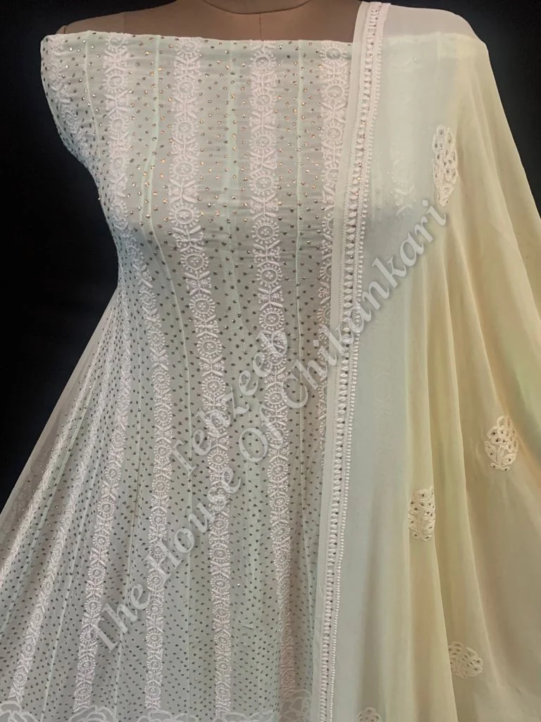Mukaish - Kamdani Chikankari Anarkali, Sage Green with Mukaish, detail 2