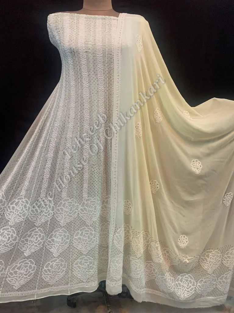 Mukaish - Kamdani Chikankari Anarkali, Sage Green with Mukaish, detail 3
