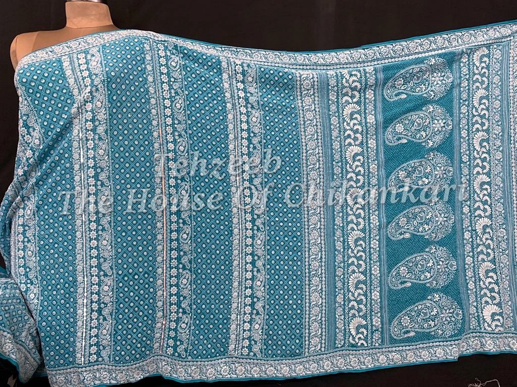 Nakkashi - Ek Taar Chikankari Saree, Teal with Ivory Paisley Border, detail 2
