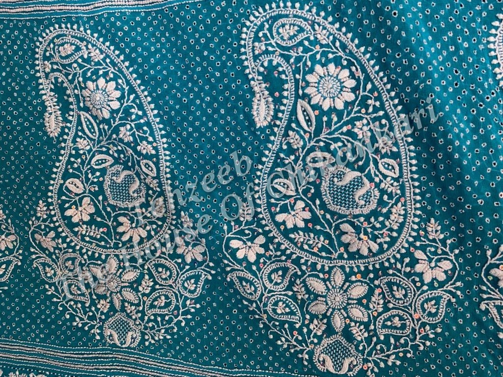 Nakkashi - Ek Taar Chikankari Saree, Teal with Ivory Paisley Border, detail 3