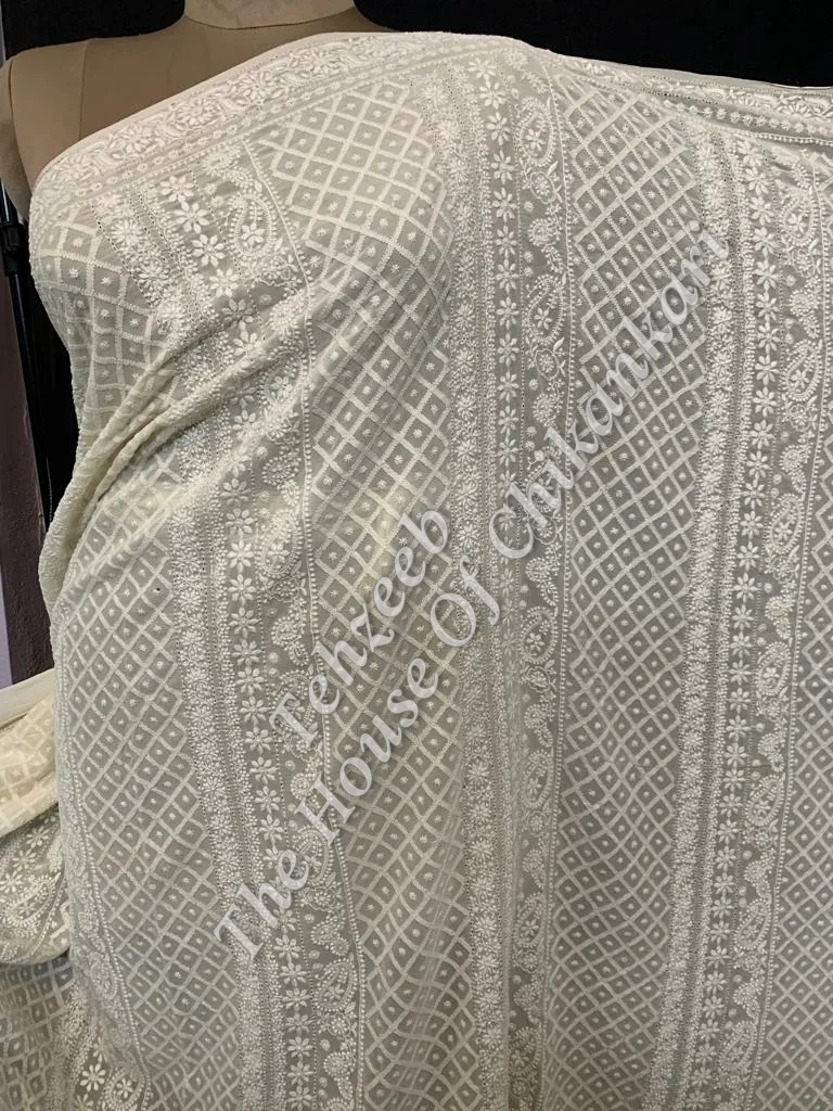 Nakkashi - Ek Taar Chikankari Saree, Grey-White Paisley, detail 4