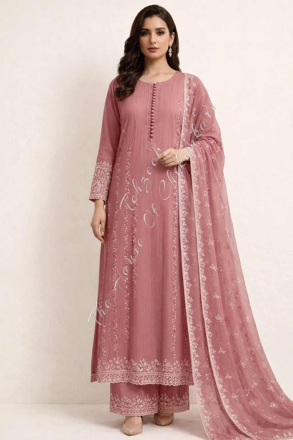 Nargis - The Elegance of Lucknowi Chikankari Set, Rose Pink