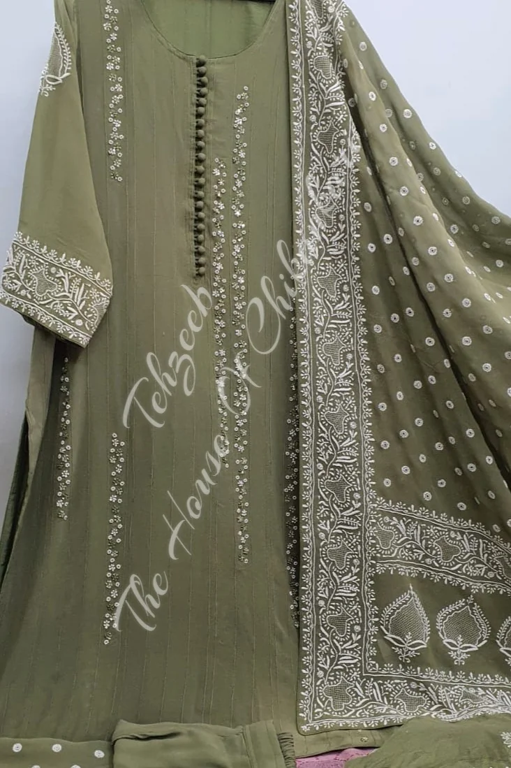 Nargis - The Elegance of Lucknowi Chikankari Set, Olive Green, detail 2