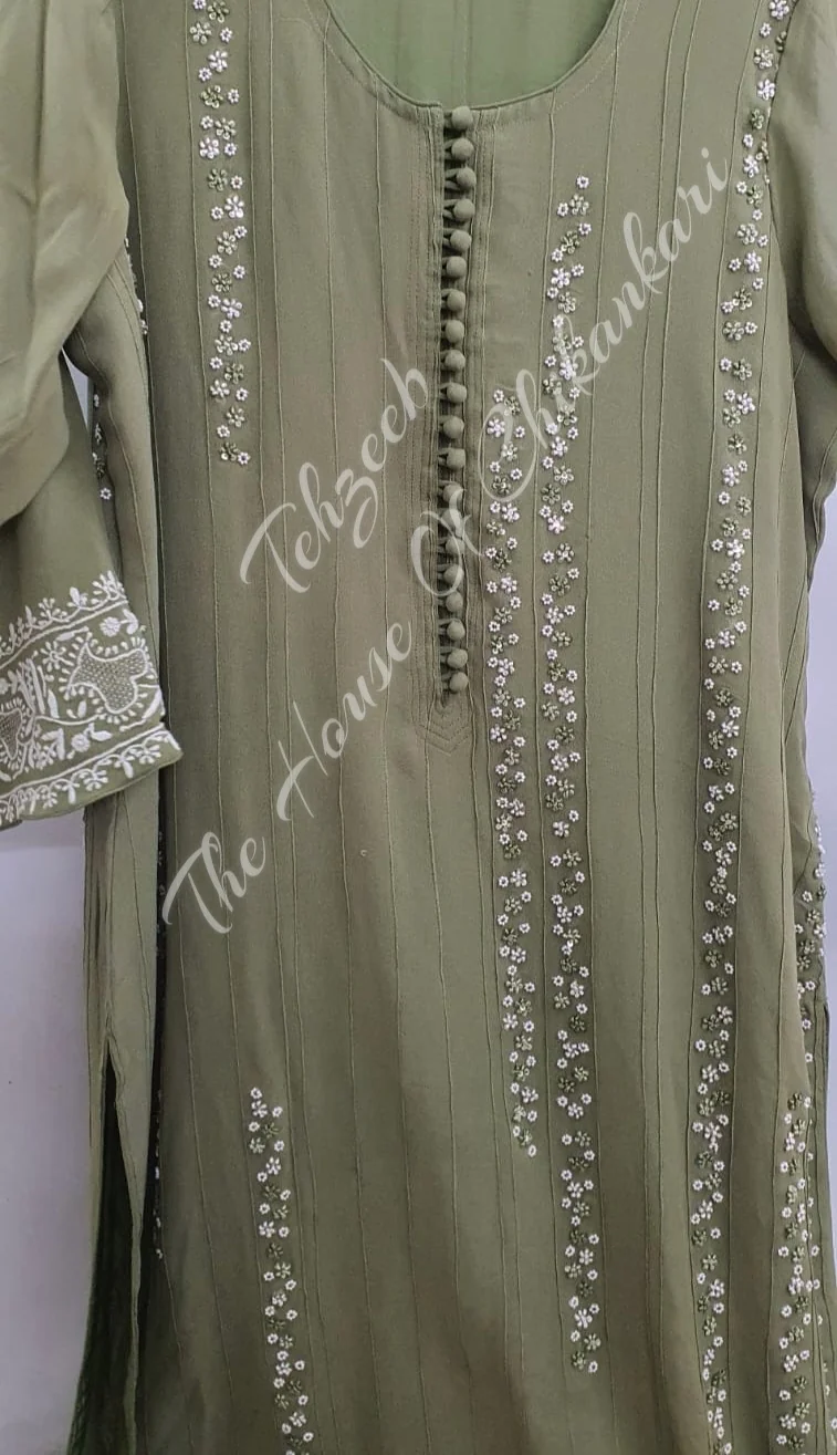 Nargis - The Elegance of Lucknowi Chikankari Set, Olive Green, detail 3