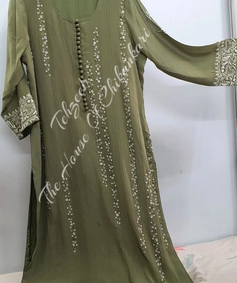 Nargis - The Elegance of Lucknowi Chikankari Set, Olive Green, detail 4
