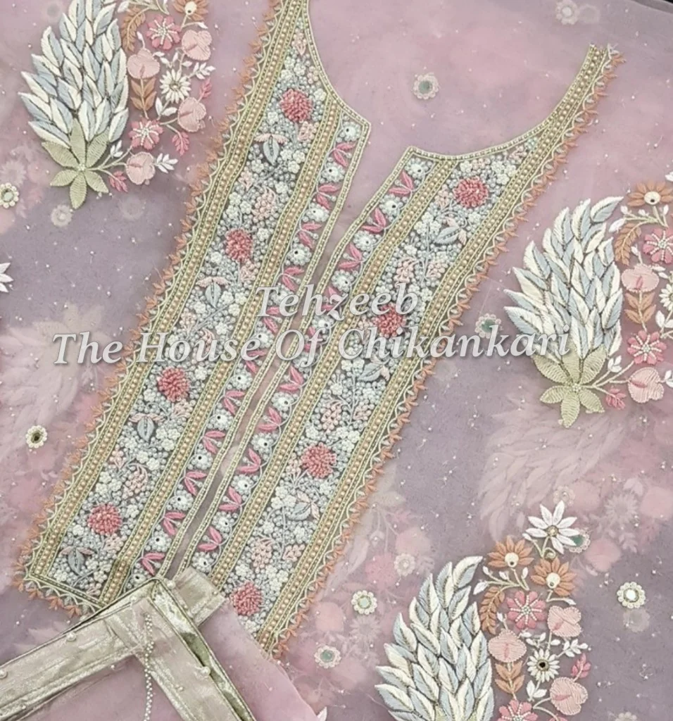 Organza Silk - Designer Chikankari Suit, Pink with Gold Yoke
