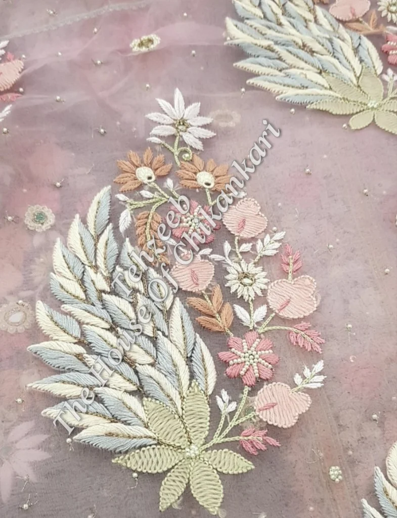 Organza Silk - Designer Chikankari Suit, Pink with Gold Yoke, detail 2