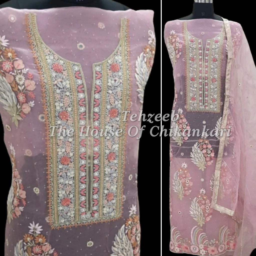 Organza Silk - Designer Chikankari Suit, Pink with Gold Yoke, detail 3