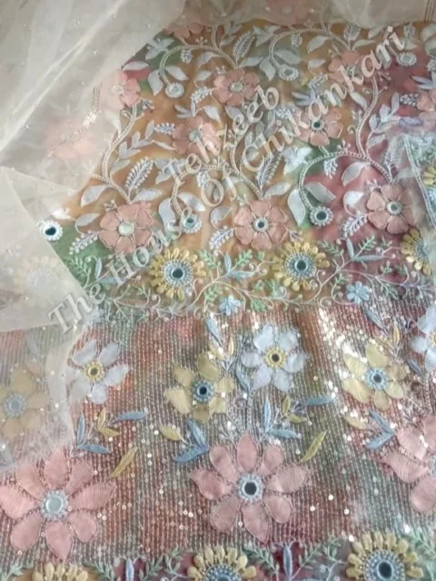 Organza Silk - Designer Chikankari Suit, Ivory with Pastel Florals
