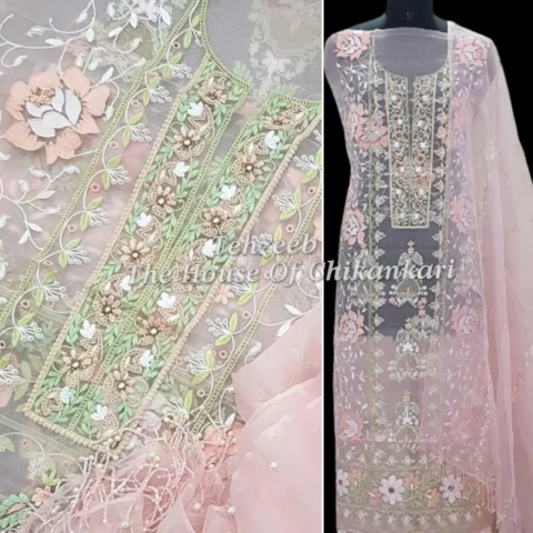 Organza Silk Designer Chikankari Suit, Blush Pink