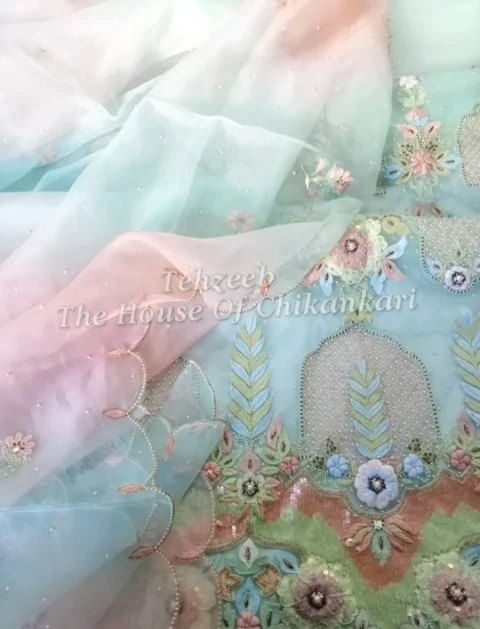 Organza Silk Designer Chikankari Suit, Aqua & Pink Ombre