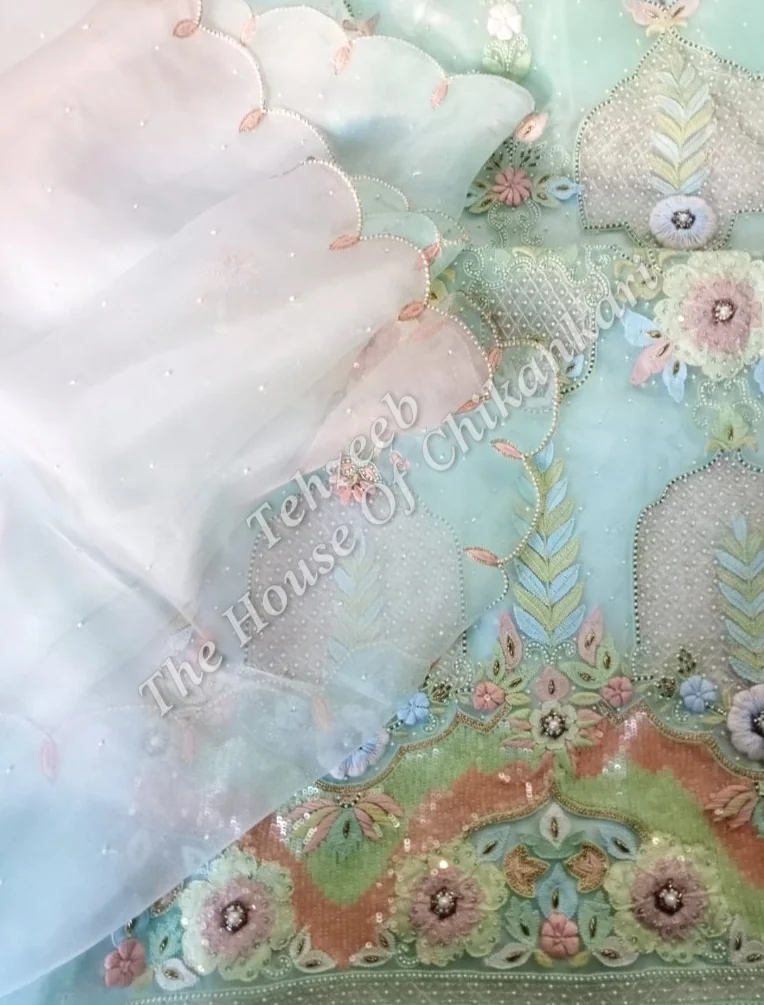 Organza Silk Designer Chikankari Suit, Aqua & Pink Ombre, detail 2