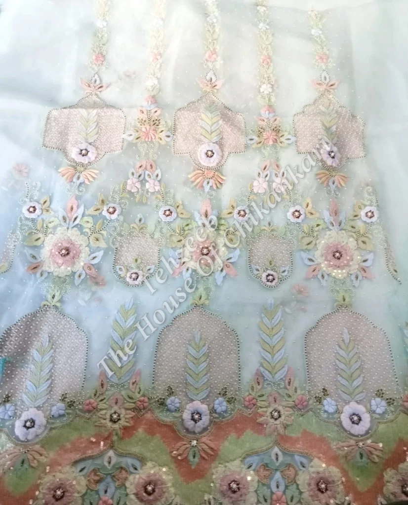 Organza Silk Designer Chikankari Suit, Aqua & Pink Ombre, detail 3