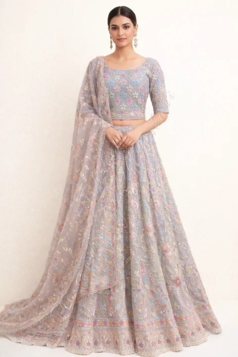 Organza Silk Lucknowi Chikankari Lehenga Set, Lavender Blue