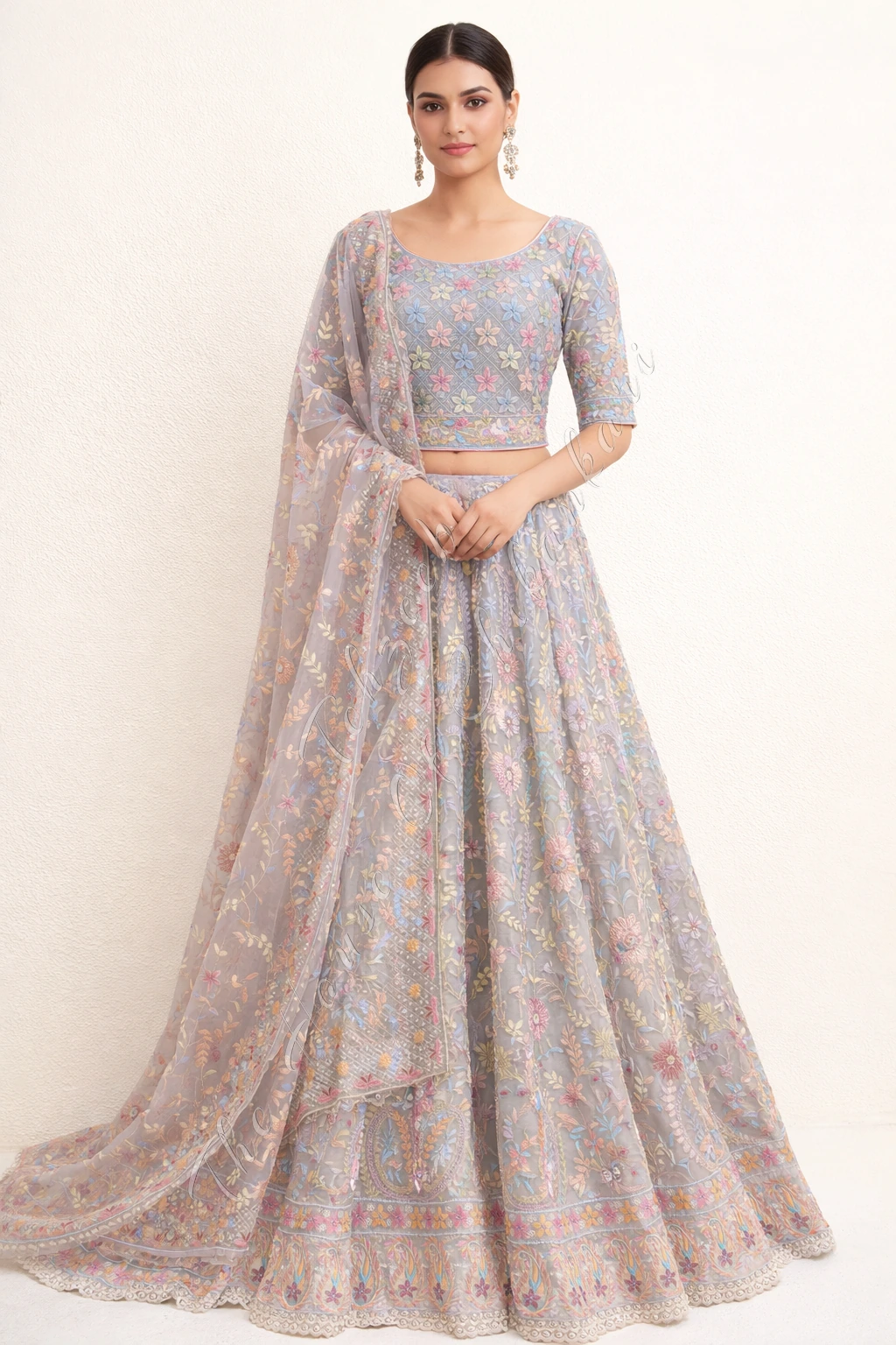 Organza Silk Lucknowi Chikankari Lehenga Set, Lavender Blue